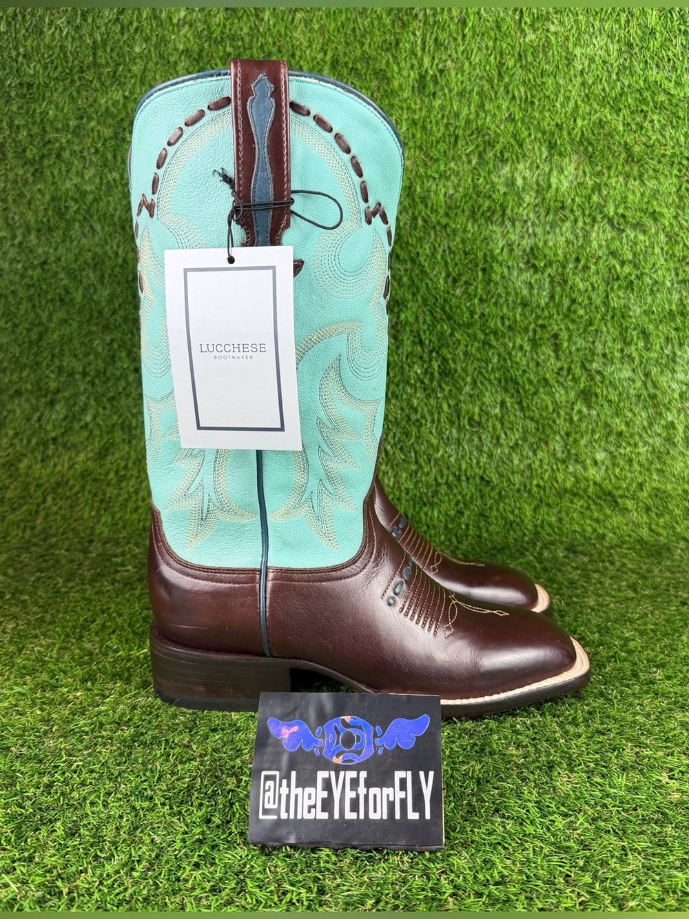 NEW Lucchese Cow Saddle Stitch Leather Western Boots Turquoise Brown Women’s 7